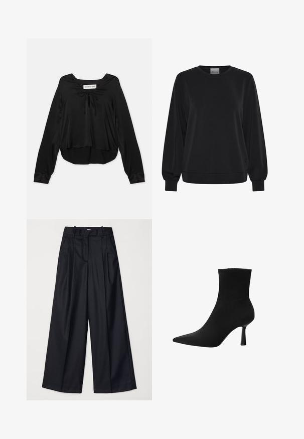 Mustapaita pitkähihaisilla, pyöreällä kaula-aukolla ja ribbineittohuvuilla. Siinä on sileä pinta ja huomaamaton logoyksityiskohta edessä.; Musta pitkähihaine paita, joka on valmistettu sileästä kankaasta. Siinä on avara kaula-aukko koristeellisine solmineen, rento malli ja pyöristetty helma.; Musta leveälahkeinen housut, jotka on valmistettu sileästä kankaasta. Niissä on korkea vyötärö, laskoksia ja räätälöity muotoilu. Yksinkertaiset mustat metalliosat vyötäröllä.; Musta nilkkuri, joka on valmistettu sileästä kankaasta, terävällä kärjellä ja hoikalla stiletto-korolla, saumatonta muotoilua ilman näkyvää varustusta.