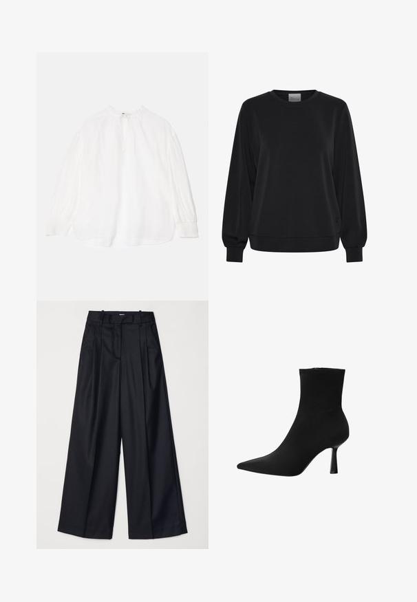 Felpa nera con maniche lunghe, colletto a giro e polsini a coste. Presenta una texture liscia e un discreto dettaglio del logo sul davanti.; Blusa bianca con maniche lunghe arricciate, scollo legato e vestibilità rilassata. Presenta un tessuto leggermente testurizzato e polsini elasticizzati.; Pantaloni neri a gamba larga realizzati in un tessuto morbido, con vita alta, pieghe e un design sartoriale. Finiture semplici in nero in vita.; Stivale alla caviglia nero realizzato in tessuto liscio, con punta appuntita e tacco a stiletto sottile, dal design senza soluzione di continuità e senza hardware visibile.