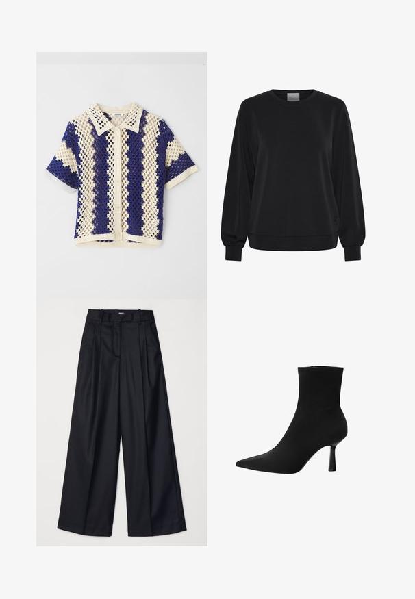 Černá mikina s dlouhými rukávy, kulatým výstřihem a žebrovanými manžetami. Disponuje hladkou texturou a diskrétním logem na přední straně.; Krátký rukáv pletená košile s límečkem, zdobená diamantovým vzorem v krémové a námořnické modré barvě, s předním zapínáním na knoflíky a texturovaným povrchem.; Černé kalhoty s širokými nohavicemi vyrobené z hladkého materiálu, s vysokým pasem, sklady a přizpůsobeným střihem. Jednoduché černé kování v pase.; Černá kotníková bota vyrobená z hladké textilie, s špičatou špičkou a úzkým stiletto podpatkem, s bezešvým designem a bez viditelného kování.