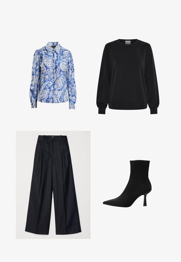 Schwarzer Pullover mit langen Ärmeln, Rundhalsausschnitt und gerippten Bündchen. Hat eine glatte Textur und ein dezentes Logodetail auf der Vorderseite.; Blaue gemusterte Bluse aus Seide mit floralem Paisleymuster, langen Ärmeln, Knopfverschluss und klassischem Kragen.; Schwarze weit geschnittene Hosen aus glattem Stoff, mit hoher Taille, Falten und einer taillierten Passform. Einfaches schwarzes Zubehör an der Taille.; Schwarze Knöchelstiefel aus glattem Stoff, mit spitzem Fuß und schmalem Stiletto-Absatz, nahtlosem Design und ohne sichtbare Beschläge.