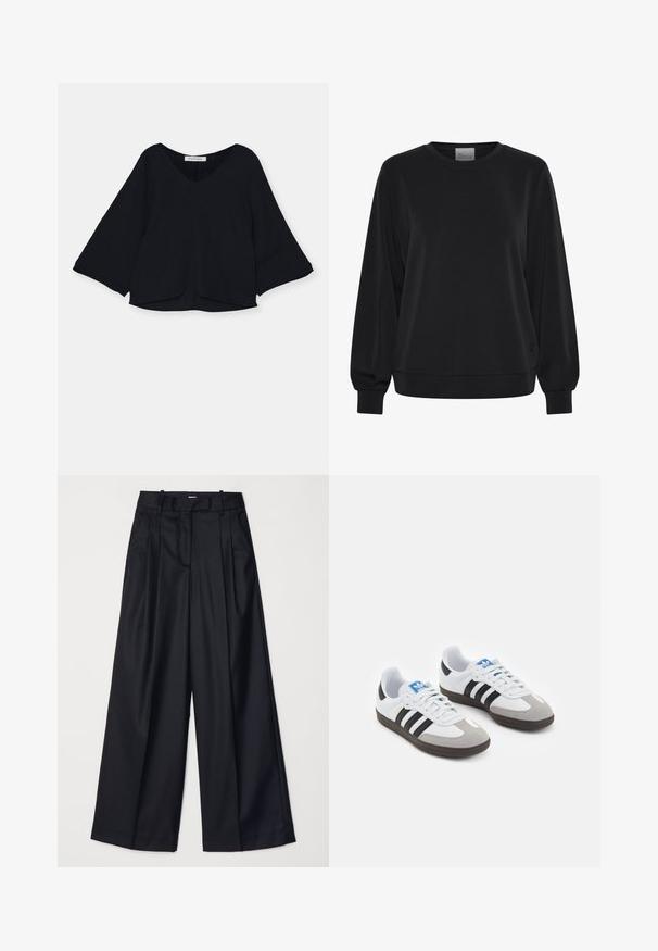 Juodas džemperis su ilgomis rankovėmis, apvalia iškirpte ir gumuotais rankogaliais. Turi glotnią tekstūrą ir subtilų logotipo elementą priekyje.; Juodas viršus su V formos iškirpte, ilgomis varpelio forma suformuotomis rankovėmis ir tekstūruota medžiaga. Apatinė dalis šiek tiek kreivai, sukuriant laisvą siluetą.; Juodos plačios kojų kelnės, pagamintos iš lygaus audinio, su aukštu liemeniu, klostėmis ir pritaikytu dizainu. Paprasta juoda detalių sistema liemens srityje.; Sportiniai batai su balta odine viršutine dalimi, pilku zomšiniu priekiu ir trimis juodomis juostelėmis. Ant liežuvio yra mėlynas logotipas, o padas pagamintas iš tekstūruoto gumos.