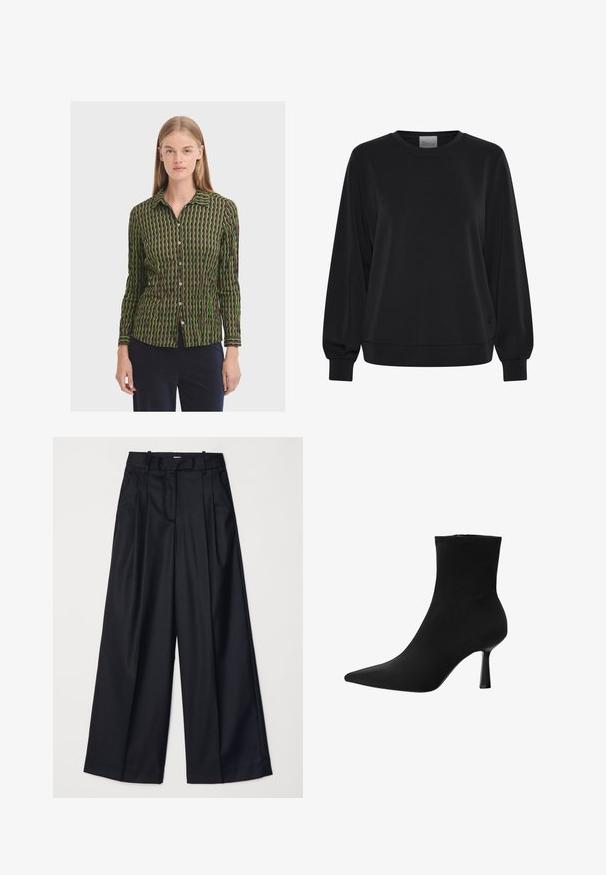 Zwarte sweatshirts met lange mouwen, ronde hals en geribde manchetten. Kenmerkt zich door een gladde textuur en een subtiel logo detail aan de voorkant.; Langsleeve button-up shirt met een geometrisch patroon in groen en bruin, met een kraag en subtiele textuur.; Zwarte wijde broek van soepel materiaal, met een hoge taille, plooien en een getailleerd ontwerp. Eenvoudige zwarte details bij de taille.; Zwarte enkelboot gemaakt van gladde stof, met een spitse neus en een slanke stilettohak, met een naadloos ontwerp en zonder zichtbare hardware.