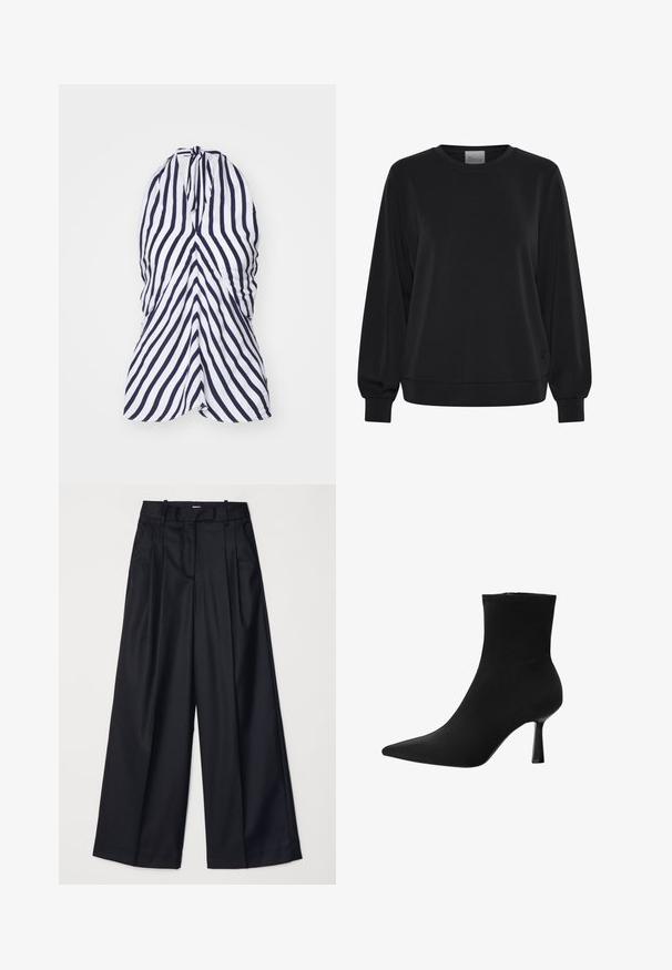 Schwarzer Pullover mit langen Ärmeln, Rundhalsausschnitt und gerippten Bündchen. Hat eine glatte Textur und ein dezentes Logodetail auf der Vorderseite.; Halternecks Kleid mit vertikalen marineblauen und weißen Streifen, aus leichtem Stoff mit Raffung am Oberteil und fließender Form.; Schwarze weit geschnittene Hosen aus glattem Stoff, mit hoher Taille, Falten und einer taillierten Passform. Einfaches schwarzes Zubehör an der Taille.; Schwarze Knöchelstiefel aus glattem Stoff, mit spitzem Fuß und schmalem Stiletto-Absatz, nahtlosem Design und ohne sichtbare Beschläge.