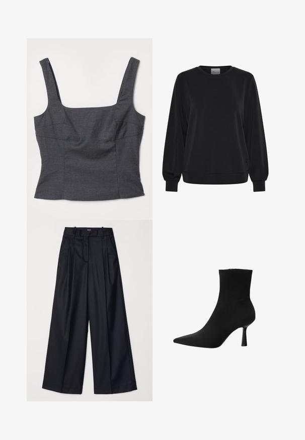 Schwarzer Pullover mit langen Ärmeln, Rundhalsausschnitt und gerippten Bündchen. Hat eine glatte Textur und ein dezentes Logodetail auf der Vorderseite.; REMAIN SUITING - Top - tornado; Schwarze weit geschnittene Hosen aus glattem Stoff, mit hoher Taille, Falten und einer taillierten Passform. Einfaches schwarzes Zubehör an der Taille.; Schwarze Knöchelstiefel aus glattem Stoff, mit spitzem Fuß und schmalem Stiletto-Absatz, nahtlosem Design und ohne sichtbare Beschläge.