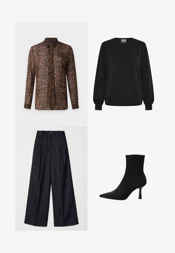 Black sweatshirt with long sleeves, crew neck, and ribbed cuffs. Features a smooth texture and a subtle logo detail on the front.; Leopard print blouse with a collar, long sleeves, and a button placket. Made of sheer, lightweight fabric in shades of brown and black.; Black wide-leg trousers made of smooth fabric, featuring a high waist, pleats, and a tailored design. Simple black hardware at the waist.; Black ankle boot made of smooth fabric, featuring a pointed toe and a slim stiletto heel, with a seamless design and no visible hardware.
