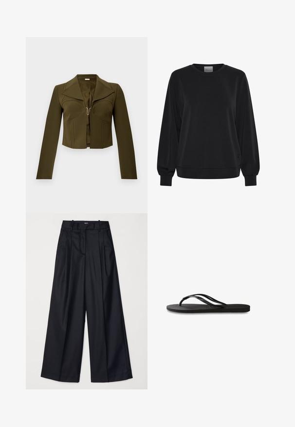 Felpa nera con maniche lunghe, colletto a giro e polsini a coste. Presenta una texture liscia e un discreto dettaglio del logo sul davanti.; Giacca verde oliva corta con un design strutturato, rever ben definiti, maniche lunghe e chiusura a gancio sul davanti, realizzata in un tessuto liscio.; Pantaloni neri a gamba larga realizzati in un tessuto morbido, con vita alta, pieghe e un design sartoriale. Finiture semplici in nero in vita.; Infradito neri con suola in gomma testurizzata, due cinghie sottili e un sottile dettaglio del logo impresso sulla cinghia.