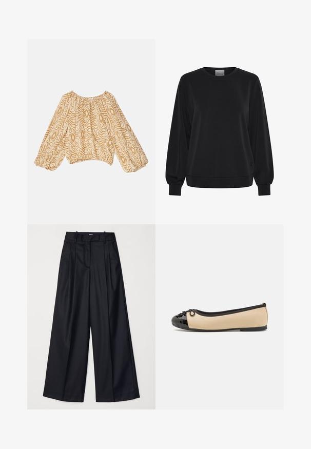 Mustapaita pitkähihaisilla, pyöreällä kaula-aukolla ja ribbineittohuvuilla. Siinä on sileä pinta ja huomaamaton logoyksityiskohta edessä.; Keve, bézs színű blúz absztrakt, hullámos mintával sötétebb árnyalatokban. Ráncolt nyakkivágással és fodros, gumírozott ujjakkal rendelkezik.; Musta leveälahkeinen housut, jotka on valmistettu sileästä kankaasta. Niissä on korkea vyötärö, laskoksia ja räätälöity muotoilu. Yksinkertaiset mustat metalliosat vyötäröllä.; Ballettiloja med en beige læderkrop og en blank sort patentlædertåhætte. Har en lille sløjfedetalje på forsiden. Flad sål.