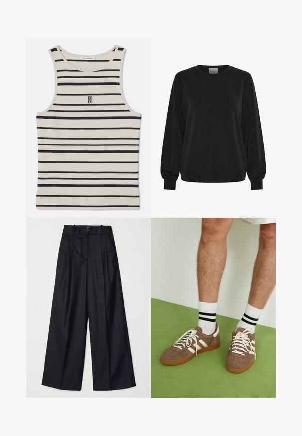 Čierna mikina s dlhými rukávmi, okrúhlym výstrihom a rebrovanými manžetami. Má hladkú textúru a jemný detail loga vpredu.; By Malene Birger AMANIAS - Top - black/white; Čierne široké nohavice vyrobené z hladkej tkaniny, so zvýšeným pásom, plisovaním a strihom na mieru. Jednoduché čierne kovanie v oblasti pásu.; Hnedé zamatové tenisky s bielymi akcentmi a šnúrkami. Gumová podrážka. Nosené s bielymi ponožkami so čiernymi pruhmi. Zelená textúrovaná podlaha.