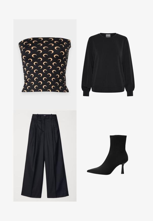 Črna majica s dolgimi rokavi, kroja z okroglim izrezom in rebrastimi manšetami. Ima gladko teksturo in diskretno logotipno podrobnost na sprednji strani.; Črn brezramni top iz raztegljive tkanine, s ponovljenim vzorcem polmesecev v svetlo bež barvi po površini.; Črne široke hlače iz gladkega blaga, z visokim pasom, naborki in prirejenim dizajnom. Preprosta črna strojna oprema na pasu.; Črne gležnjarje iz gladkega materiala, z ostrim nosom in ozkim peto v obliki špice, brez vidnih strojnih delov in z brezšivno zasnovo.