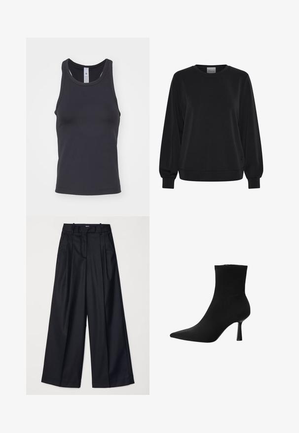 Sort sweatshirt med lange ærmer, rund hals og ribbede manchetter. Har en glat tekstur og et diskret logo-detalje på fronten.; Sort tanktop lavet af blødt, strækbart materiale. Har en rund halsudskæring og brede skulderstropper, designet til en tætsiddende pasform.; Sorte breddebenede bukser lavet af glat stof, med høj talje, læg og skræddersyet design. Enkel sort hardware i talje.; Sort ankelstøvle lavet af glat stof, med spids tå og slank stilettohæl, i et sømløst design uden synligt hardware.