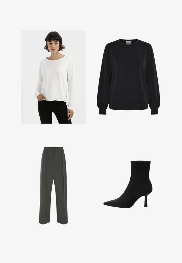 Zwarte sweatshirts met lange mouwen, ronde hals en geribde manchetten. Kenmerkt zich door een gladde textuur en een subtiel logo detail aan de voorkant.; Witte langmouwen shirt met een zachte, gestructureerde afwerking en ronde halslijn, met raglanmouwen en een licht gebogen zoom.; Grijze op maat gemaakte broeken met een hoge taille, met plooien, een wijd gesneden ontwerp en een gladde textuur. Sluit met een discrete rits.; Zwarte enkelboot gemaakt van gladde stof, met een spitse neus en een slanke stilettohak, met een naadloos ontwerp en zonder zichtbare hardware.