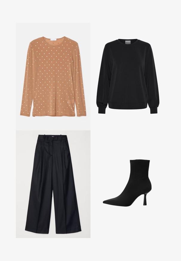 Svart sweatshirt med långa ärmar, rundad halsringning och ribbade muddar. Har en mjuk textur och en subtil logotypdetalj på framsidan.; Långärmad brun topp med rund halsringning som pryds av silverfärgade cirkulära paljetter i ett prickigt mönster.; Svarta vida byxor i slät tyg, med hög midja, veck och skräddarsydd design. Enkel svart detalj vid midjan.; Svart ankle boot gjord av slät tyg, med spetsig tå och smal stilettklack, med en sömlös design och ingen synlig hårdvara.