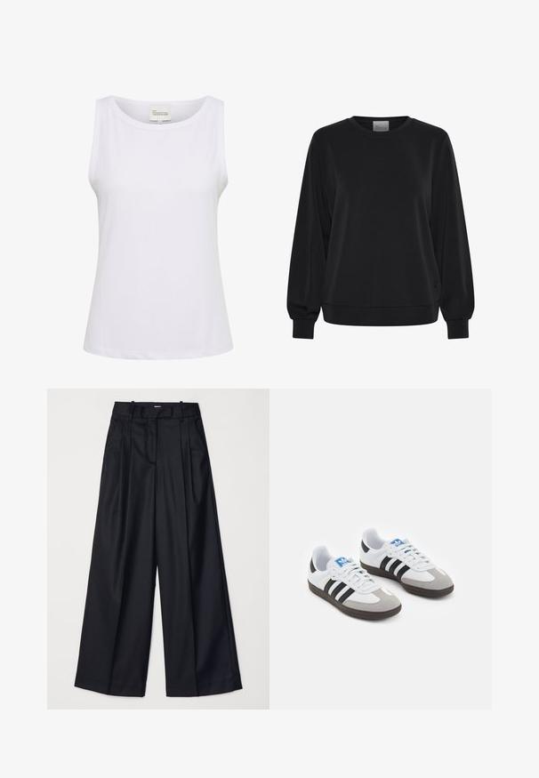 Sort sweatshirt med lange ærmer, rund hals og ribbede manchetter. Har en glat tekstur og et diskret logo-detalje på fronten.; Hvid, ærmeløs top lavet af ribbet stof, med rund halsudskæring og en let afslappet pasform. Mærket siger "MIN ESSENTIELLE GARDEROBE," størrelse M.; Sorte breddebenede bukser lavet af glat stof, med høj talje, læg og skræddersyet design. Enkel sort hardware i talje.; Sportsko med en overdel i hvid læder, grå ruskind på tåen og tre sorte striber. Har et blåt logo på tungen og en struktureret gummisål.