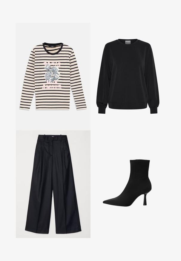 Felpa nera con maniche lunghe, colletto a giro e polsini a coste. Presenta una texture liscia e un discreto dettaglio del logo sul davanti.; Maglietta a maniche lunghe a righe in beige e blu navy, con una grafica floreale e il testo "PARIS MON AMOUR" in rosa, dotata di un collo rotondo nero.; Pantaloni neri a gamba larga realizzati in un tessuto morbido, con vita alta, pieghe e un design sartoriale. Finiture semplici in nero in vita.; Stivale alla caviglia nero realizzato in tessuto liscio, con punta appuntita e tacco a stiletto sottile, dal design senza soluzione di continuità e senza hardware visibile.