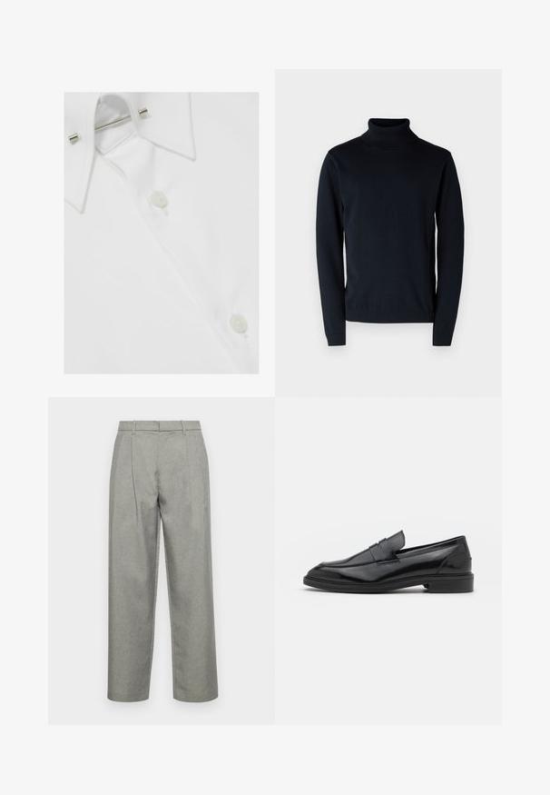 Suéter de cuello alto en azul marino oscuro, hecho de una tela suave y elástica. Cuenta con mangas largas y puños y dobladillo acanalados. Diseño simple y limpio.; Camisa de dress blanca de algodón con un cuello clásico, cierres de botón y un soporte de cuello metálico, que presenta un acabado suave y texturizado.; Pantalones gris ajustados hechos de tela texturizada, con un diseño de pierna recta, pliegues frontales y una cinturilla estándar con lazos para cinturón.; Mocasines de cuero negro con un acabado suave, que presentan una punta redondeada y una banda estrecha en la parte superior. Tacón bajo apilado.