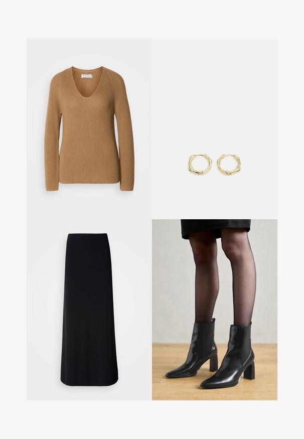 Bruine gebreide sweater met een V-hals, lange mouwen en een ribbelstructuur. Heeft een relaxte pasvorm en een minimalistisch ontwerp.; Zwarte, vloerlange rok van gladde stof met een rechte silhouette. Heeft een eenvoudig, onversierd ontwerp zonder zichtbare patronen of versieringen.; Zwarte leren enkellaarsjes met een spitse neus, stevige vierkante hak en een fraaie uitstraling. Beschikt over elastische zijpanelen voor gemakkelijke aan- en uittrekken.; Gouden creolen met een textuur en onregelmatige vorm. Voorzien van een naadloze sluiting en een gepolijste afwerking, wat het moderne ontwerp benadrukt.