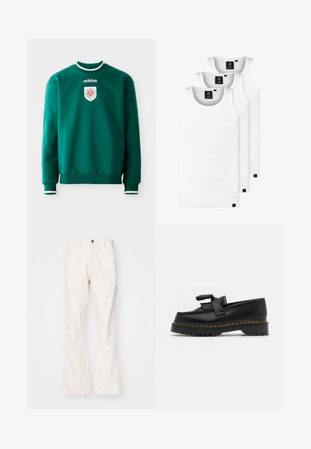 Grønn hettegenser med rund hals, hvite detaljer ved kragen og ermer, med et sirkulært logo på brystet. Laget av mykt, teksturert materiale.; Tre hvite ribbestrikkede tank topper laget av bomull. Har en rund hals og små svarte etiketter nær kanten. Tilgjengelig i flere størrelser.; Kremfargede bukser med vid nederkant og vertikale røde striper, med knappelukking, sidelommer og et glatt tekstil.; Svart skinn loafers med en kvastdetalj, med en tjock svart sula och gul sömnad längs kanten. Texturerad yta.