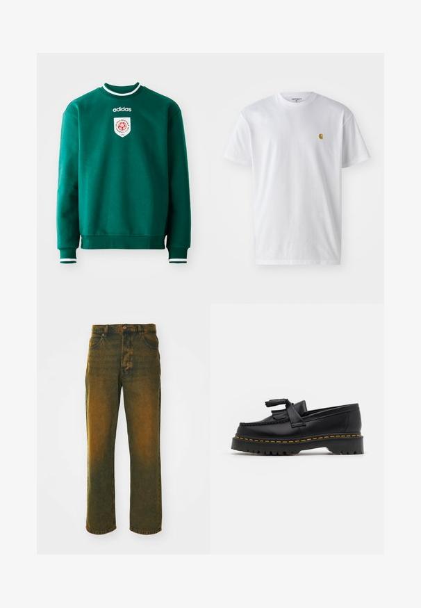 Zelena majica s dolgimi rokavi in okroglim izrezom, s belimi detajli na ovratniku in manšetah, z okroglim logotipom na prsih. Narejena iz mehke, teksturirane tkanine.; Bela bombažna majica s kratkimi rokavi, krožnim ovratnikom, z majhnim zlatim logotipom na levem prsnem predelu. Mehka tekstura in običajen kroj.; Zelene in rjave kavbojke iz denimotnega materiala s straight-leg obliko, ki vključujejo sprednje zapiranje na gumb, pet žepov in zbledel videz.; Črne usnjene loafersice s kaširanim naglasom, z debelim črnim podplatom in rumenim šivom ob robu. Teksturirana površina.