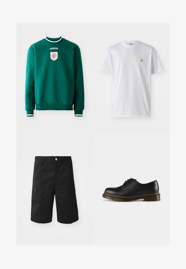 Green sweatshirt with a crew neck, white accents at collar and cuffs, featuring a circular logo on the chest. Made of soft, textured material.; White cotton t-shirt with short sleeves, crew neck, featuring a small gold logo on the left chest area. Soft texture and regular fit.; Black cotton shorts featuring a straight cut, belt loops, a metal button closure, and no visible patterns or accents.; Black leather shoe with rounded toe, lace-up design, yellow stitching along the sole, and a chunky, textured rubber outsole.