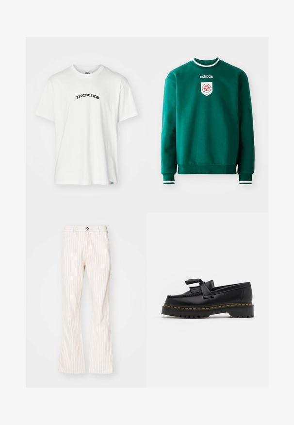 Žalias džemperis su apykakle, balti akcentai ant apykaklės ir rankovių, su apvaliu logotipu ant krūtinės. Pagamintas iš minkštos, tekstūruotos medžiagos.; Baltas trumpas rankovėmis marškinėliai, pagaminti iš medvilnės, su juodu kreiptu "DICKIES" logotipu per krūtinę, apvaliu iškirpimu ir laisvu kirpimu.; Kreminės spalvos platėjančios kelnės su vertikaliomis raudonomis juostelėmis, turinčios mygtukų uždarymą, šonines kišenes ir lygų tekstūruotą audinį.; Juodas odinis loaferis su kutais, turintis masyvų juodą pado ir geltonus siūlus palei kraštą. Textūruota danga.