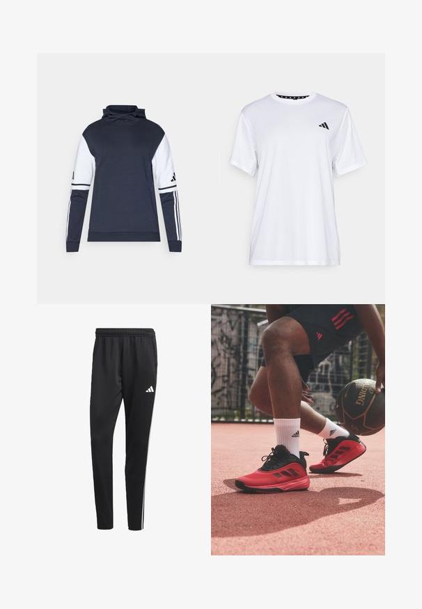 Mornarica pulover z belimi rokavi, visokim ovratnikom in zasnovo treh črt na rokavih. Narejen iz mehkega blaga, s sproščenim krojem.; Bela športna majica s kratkimi rokavi, izdelana iz tkanine, ki odvaja vlago. Ima črn logotip na levem prsnem delu in vzorčasto notranjo vratno odprtino.; Črne atletske hlače z raztegljivim pasom, belimi stranskimi črtami in majhnim belim logotipom na stegnu. Narejene so iz gladkega, lahkega materiala.; adidas Performance OWN THE GAME 3 - Košarkarski copati - core black/red