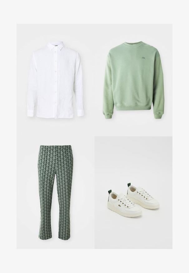Svetlozelený crewneck sveter s dlhými rukávmi a malým vyšitým logom krokodíla na ľavej hrudi.; Biela košeľa s dlhým rukávom vyrobená z ľanu. Má plný predný gombík, golier a manžety. Hladká textura s ľahkým a vzdušným vzhľadom.; Zelené elastické nohavice so šikmým bielym geometrickým vzorom a bočnými pruhmi, zobrazené na bielom pozadí.; Biele kožené tenisky so zelenými akcentmi, dizajn na šnurovanie, zlaté očká a textúrované panely. Hrubá krémová gumová podrážka.