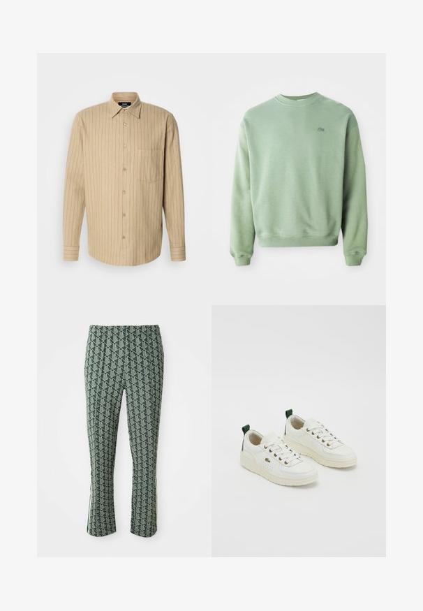 Svetlozelený crewneck sveter s dlhými rukávmi a malým vyšitým logom krokodíla na ľavej hrudi.; Béžová košeľa na gombíky s vertikálnymi modrými pruhmi, dlhé rukávy, jedna náprsní vrecko a klasický golier. Jemná textúra látky.; Zelené elastické nohavice so šikmým bielym geometrickým vzorom a bočnými pruhmi, zobrazené na bielom pozadí.; Biele kožené tenisky so zelenými akcentmi, dizajn na šnurovanie, zlaté očká a textúrované panely. Hrubá krémová gumová podrážka.
