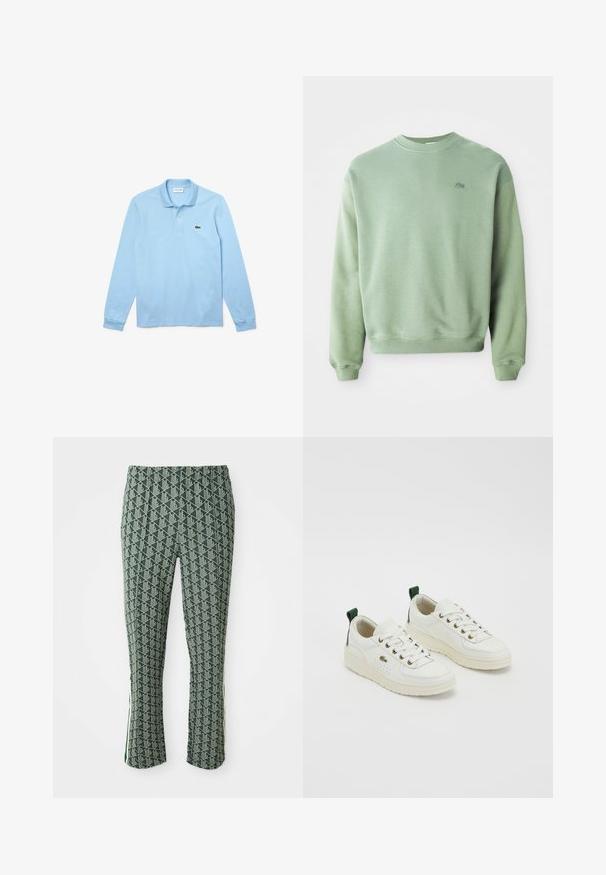 Vaaleanvihreä crewneck-sweatshirt, jossa on pitkät hihat ja pieni brodeerattu krokotiililogo vasemmassa rinnassa.; Vaaleansininen pitkähihainen polo paita, jossa on kaulus, vasemmassa rintakohdassa vihreä Lacoste-logo. Valmistettu pehmeästä puuvillamateriaalista.; Vihreät slim-fit-housut, joissa on valkoinen geometrinen kuvio ja sivuraidat, esillä valkoista taustaa vasten.; Valkoiset nahkasneakersit, joissa on vihreitä yksityiskohtia, nauhakiinnitys, kultaiset silmukat ja tekstuuripaneelit. Paksu kermavärinen kumipohja.