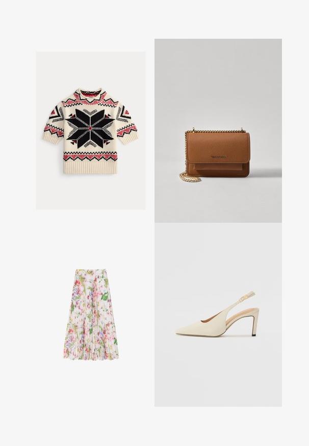 Pletený svetr z krémové tkaniny s krátkými rukávy, zdobený černými a červenými geometrickými vzory a velkým hvězdným motivem na přední straně.; Květinová plisovaná sukně z lehkého materiálu, v kombinaci růžových, zelených a fialových odstínů. Délka sukně je pod kolena, má nařasený pas.; Béžové kožené sandály na podpatku s špičatou špičkou, otevřeným bočním designem a štíhlým vysokým podpatkem. Obsahují zlatý akcent na pásku.; Hnědá texturovaná kožená kabelka přes rameno se zlatým řetízkovým popruhem a klopnovým uzavíráním. Přední strana obsahuje detail loga a kapsu pod klopou.