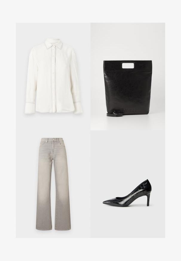 Zwarte lange mouwen turtleneck trui met een relaxed fit, gepresenteerd tegen een effen witte achtergrond.; Witte langekleurige shirt in gladde stof met een knoopsluiting aan de voorkant, puntige kraag en contrasterende zwarte stiksels langs de knoopsluiting en manchetten.; Grijze wijde jeans met een vervaagde afwerking, knoopsluiting, vijfzakkenontwerp en gestikte details langs de naden.; Zwarte puntige hoge hakken met een glanzende afwerking en een subtiel textuurpatroon. Beschikt over een gematigde hak en een open halsontwerp.; Zwarte leren draagtas met een vierkant handvat, met een gestructureerde afwerking en een reliëflogo. Inclusief een afneembare schouderband.