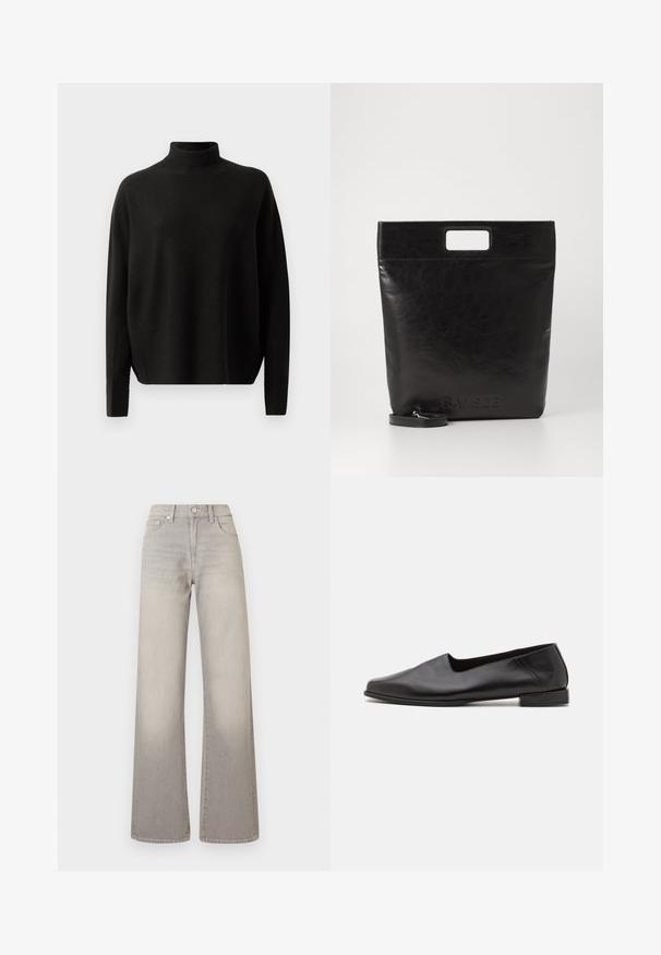 Black long-sleeve turtleneck sweater with a relaxed fit, displayed against a plain white background.; Gray wide-leg jeans with a faded finish, button closure, five-pocket design, and stitched detailing along the seams.; Black leather flat shoe with a smooth texture. Features a low, rectangular heel and a rounded toe. Simple design with minimal accents.; Black leather tote bag with a square handle, featuring a textured finish and embossed logo. Includes a detachable strap.