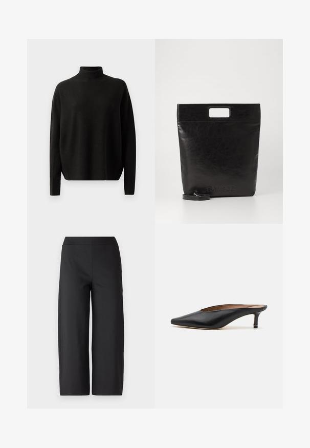 Pull en laine noir à manches longues et col roulé, avec une coupe décontractée, présenté sur un fond blanc uni.; Pantalons larges noirs avec une taille élastique. Fabriqués dans un tissu lisse et extensible. Sans poches ni coutures visibles. Design épuré et minimaliste.; Mules en cuir noir avec un bout pointu et un petit talon carré. Texture lisse avec un design épuré. Dos ouvert avec un minimum de détails.; Sac fourre-tout en cuir noir avec une poignée carrée, arborant une finition texturée et un logo en relief. Comprend une bandoulière amovible.
