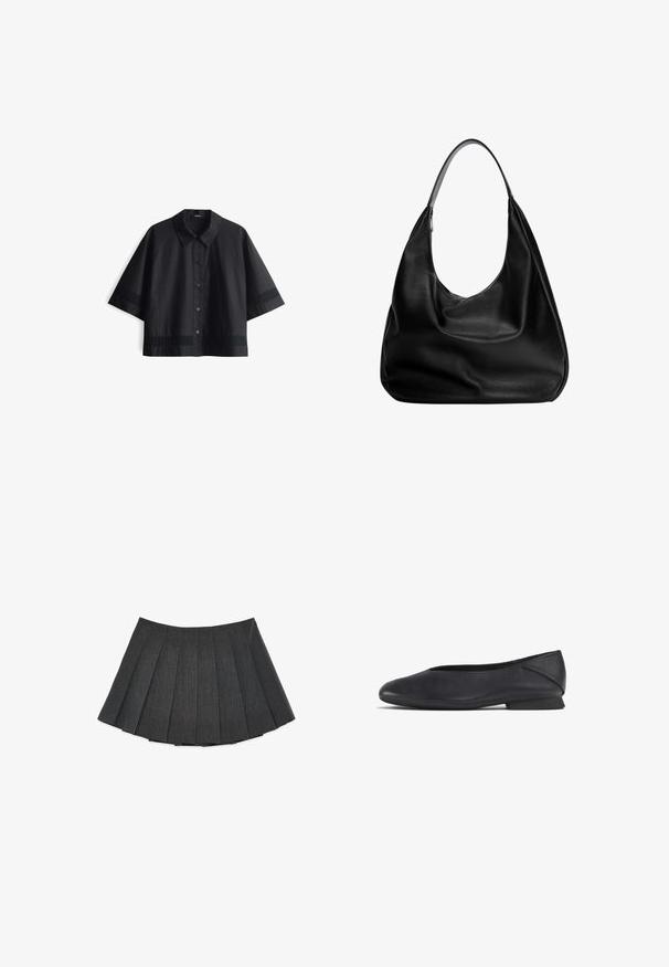 Maglione nero strutturato con scollatura rotonda e maniche lunghe. Tessuto morbido e peloso con una vestibilità ampia, adatto per un look informale.; Maglietta nera cropped realizzata in tessuto testurizzato, con colletto a punta, maniche corte e dettagli decorativi a intaglio all'orlo.; Gonna plissettata in grigio scuro, realizzata in un tessuto testurizzato. Presenta un silhouette svasata con pieghe uniformemente distanziate e una vita piatta.; Scarpa piatta nera in pelle con punta arrotondata e tacco basso, progettata per un uso casual o formale.; Borsa hobo in pelle nera con design morbido, ampia tracolla e texture liscia. Presenta una chiusura con zip laterale.