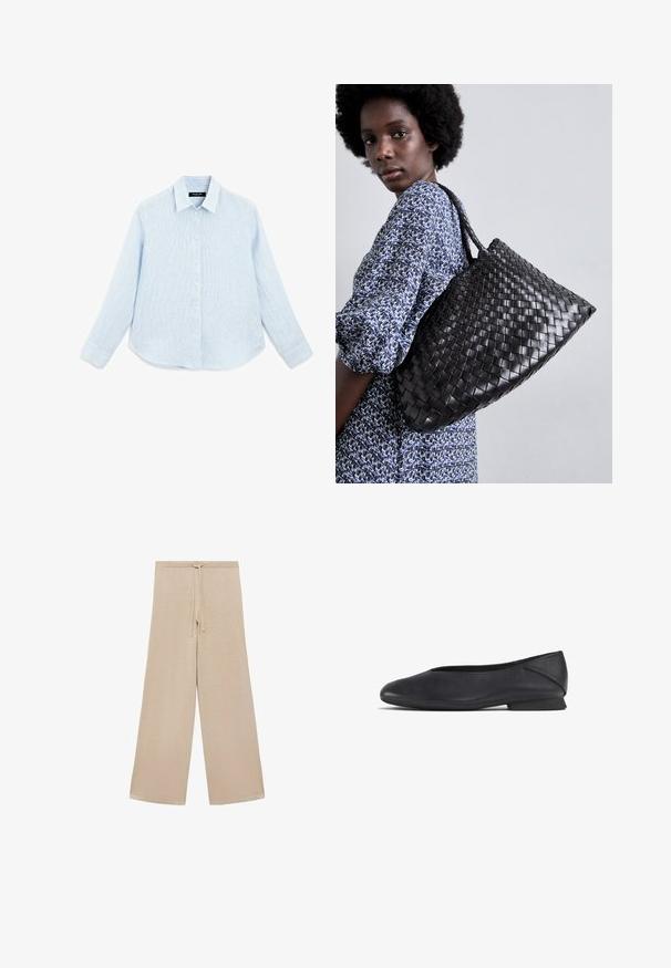 Maglione nero strutturato con scollatura rotonda e maniche lunghe. Tessuto morbido e peloso con una vestibilità ampia, adatto per un look informale.; Camicia button-up azzurro chiaro a maniche lunghe realizzata in tessuto testurizzato. Presenta un colletto a punta, bottoni frontali e un orlo curvo.; Pantaloni beige a gamba larga realizzati in un tessuto morbido, con una vita regolabile e una texture liscia, senza fantasie o accessori aggiuntivi.; Scarpa piatta nera in pelle con punta arrotondata e tacco basso, progettata per un uso casual o formale.; DRAGON DIFFUSION SANTA CROCE BIG - Borsa a mano - black