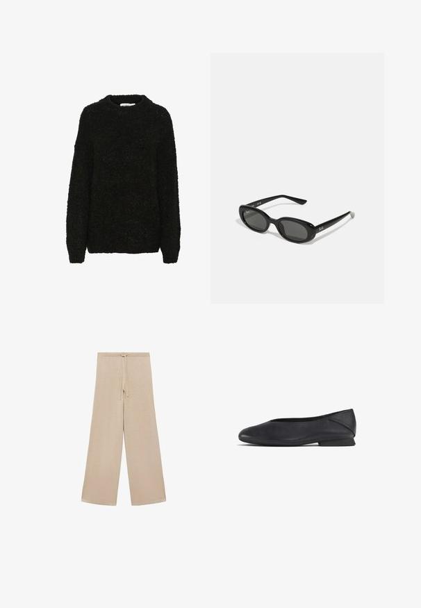 Črn, teksturiran pulover z okroglim izrezom in dolgimi rokavi. Mehka, puhasta tkanina ohlapnega kroja, primerna za sproščeno nošenje.; Bež široke hlače iz mehkega blaga, z naramnicami za prilagajanje pasu in gladko teksturo, brez vzorcev ali dodatnih kovinskih elementov.; Črne usnjene balerinke z zaobljenim nosom in nizko peto, zasnovane za vsakodnevno ali formalno nošenje.; Črne sončne očala z ovalnimi lečami, sijajnim plastičnim okvirjem in tankimi ročaji. Na strani se nahaja belo logotip Ray-Ban.; DRAGON DIFFUSION SANTA CROCE - Torbica - black