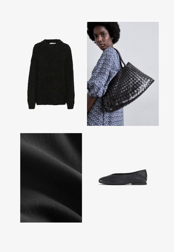 Černý texturovaný svetr s kulatým výstřihem a dlouhými rukávy. Měkká, huňatá látka s volným střihem, vhodná pro každodenní nošení.; Černá tkanina s hladkým, matným povrchem, ukazující jemné variace v odstínech a vláknech, zavěšená tak, aby odhalila jemné křivky a hloubku.; Černé kožené ploché boty s kulatou špičkou a nízkým podpatkem, navržené pro neformální i formální nošení.; DRAGON DIFFUSION SANTA CROCE BIG - Kabelka - black