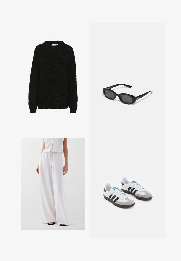 Schwarzer, strukturierter Pullover mit rundem Ausschnitt und langen Ärmeln. Weicher, flauschiger Stoff mit lockerer Passform, geeignet für legere Anlässe.; Weiße weite Hosen aus leichtem Material, mit einem verstellbaren Bund und einer glatten, fließenden Textur. Keine Muster oder Akzente.; Sportschuhe mit einem Obermaterial aus weißem Leder, grauer Wildleder-Zehenkappe und drei schwarzen Streifen. Sie verfügen über ein blaues Logo auf der Zunge und eine strukturierte Gummisohle.; Schwarze Sonnenbrille mit ovalen Gläsern, glänzendem Kunststoffrahmen und schlanken Bügeln. Mit Ray-Ban-Logo in Weiß an der Seite.; Schwarze Lederhandtasche mit strukturiertem Design, glatter Textur und einem einzelnen Schulterriemen. Verfügt über ein dezentes, abgerundetes Klappendesign.