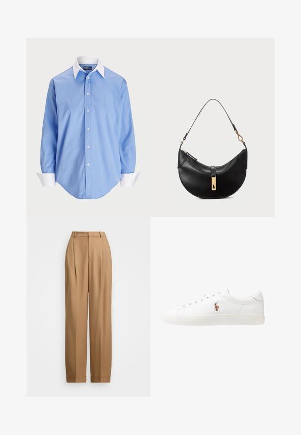 White cable-knit sweater with a V-neckline, ribbed cuffs and hem, and a small navy logo on the left chest. Made from a soft fabric.; Light blue button-up shirt with long sleeves and a white contrasting collar. Features a smooth texture and five front buttons.; Beige tailored trousers with a high waist, pleated front, tapered legs, and rolled cuffs. Smooth fabric with a refined texture.; White leather sneakers, low-top design, featuring a smooth texture, round toe, laced front, and a small embroidered logo on the side.; Black leather handbag in a half-moon shape. Features a gold hardware accent and a narrow strap. Smooth texture, zipper closure at the top.