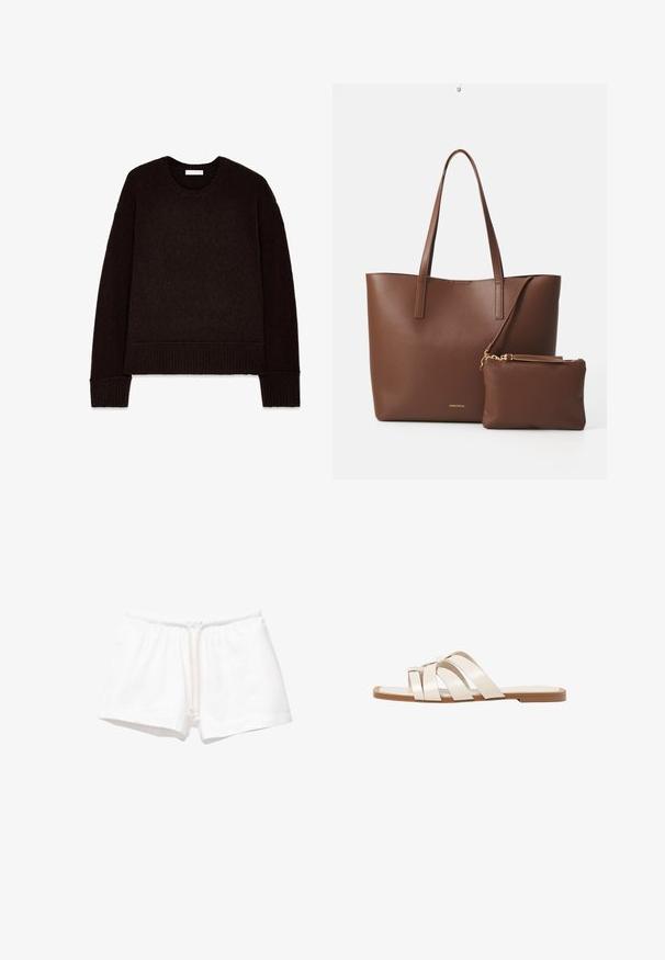 Dunkelbrauner Strickpullover mit Rundhalsausschnitt, langen Ärmeln sowie gerippten Bündchen und Saum. Weiche Textur mit entspannter Passform.; Weiße Baumwoll-Shorts mit einem elastischen Bund und Kordelzug, die eine glatte Textur haben und keine Muster oder zusätzlichen Akzente aufweisen.; Flache Sandalen mit einer honigfarbenen Gummisohle, gestaltet mit drei überlappenden weißen Lederriemen und einem kleinen Schleifendetail in der Mitte.; Braune Handtasche aus Kunstleder mit zwei langen Griffen und einem passenden kleinen Beutel. Die Oberfläche weist ein strukturiertes Muster und goldene Hardware-Akzente auf.