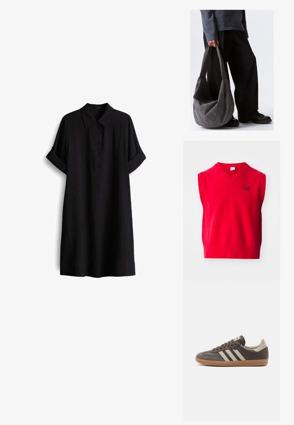 Maglione smanicato rosso a maglia con scollatura a V e orlo a coste. Presenta un piccolo logo scuro sul petto. Tessuto morbido con un colore uniforme.; Abito nero a maniche corte con colletto, pattina con bottoni e texture a coste verticali. Lunghezza al ginocchio con risvolti.; Sneaker in pelle marrone con tre strisce chiare, suola in gomma, punta arrotondata e dettagli in suede texture sul tallone e sulla punta.; Borsa a spalla in tessuto grigio con una forma morbida, caratterizzata da una texture liscia e spallacci larghi. La borsa è tenuta da una persona in pantaloni scuri.