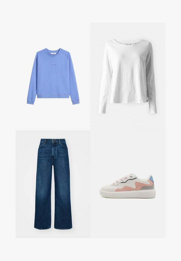 Világoskék, puha pamut keverékből készült pulóver, kerek nyakkal, raglán ujjakkal és egy kis logóval az elején.; Hosszú ujjú, fehér póló puha, könnyű anyagból; kerek nyakkal és enyhén laza szabással rendelkezik; címke látható az oldalon.; Magas derekú, széles szárú farmernadrág sötétkék denimből, sima tapintással, kontrasztos varrással és öt zsebes kialakítással. Elöl gombos záródás.; Alacsony szárú sportcipők, fehér szintetikus felsőrésszel, rózsaszín és szürke velúrbetétekkel, texturált fehér gumitalppal és színes fűzőkkel.
