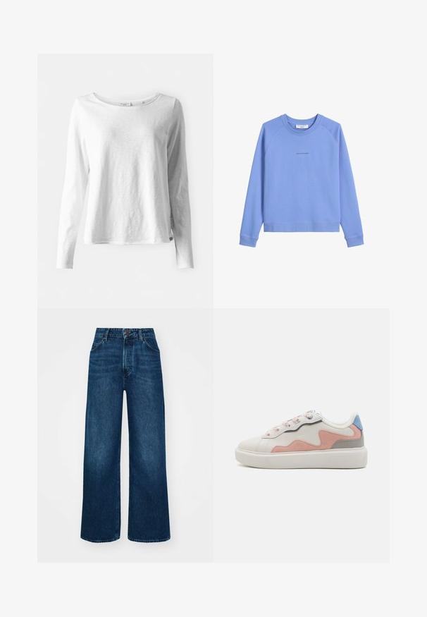 Lyseblå sweatshirt lavet af blødt bomuldsblanding, med rund hals, raglanærmer og et lille logo trykt på forsiden.; Langærmet hvid T-shirt i blødt, let materiale; har rund halsudskæring og en let afslappet pasform; mærket er synligt på siden.; Højtaljede, brede jeans i mørkeblå denim med en glat tekstur, kontrastsyninger og design med fem lommer. Lukning foran med knap.; Lave sneakers med en hvid syntetisk overdel, pink og grå ruskindsdetaljer, tekstureret hvid gummisål og farverige snørebånd.