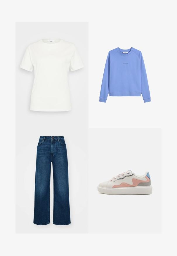 Jasnoniebieski sweter z miękkiej mieszanki bawełny, z okrągłym dekoltem, raglanowymi rękawami i małym logo nadrukowanym z przodu.; Biała bawełniana koszulka z okrągłym dekoltem i krótkimi rękawami. Na przodzie nie są widoczne żadne wyraźne wzory ani akcenty.; Jeans o wysokim stanie i szerokich nogawkach w ciemnoniebieskim deninie o gładkiej fakturze, z kontrastowymi szwami i pięcioma kieszeniami. Zapięcie na guzik z przodu.; Niskie sneakersy z białą syntetyczną cholewką, różowymi i szarymi akcentami z zamszu, teksturowaną białą gumową podeszwą oraz kolorowymi sznurowadłami.