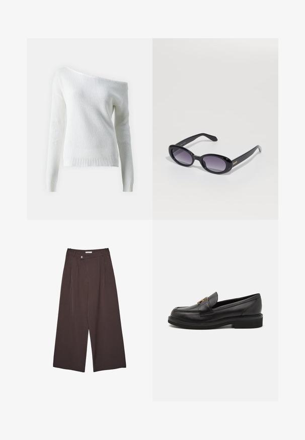 Off-shoulder biela mikina vyrobená z ribbeného úpletu, s dlhými rukávmi, priliehavým lemom a textúrovaným vzorom po celom obvode.; Hnedé nohavice s širokými nohavicami a pruhmi, so zapínaním na gombíky a pútkami na opasok, vystavené na bielom pozadí.; Čierne kožené mokasíny s okrúhlou špičkou, šitými detailmi, zlatými kovovými prvkami a nízkou textúrovanou gumovou podrážkou. Hladký, elegantný povrch.; Čierne oválne slnečné okuliare s gradientnými fialovými sklami. Lesklý plastový rám a strany. Zlaté logo na ľavej strane.; Čierna kožená hobo taška s mäkkým, zakriveným tvarom. Má široké vrchné uško a nariasenie na spodnej časti, čo vytvára voľný vzhľad.
