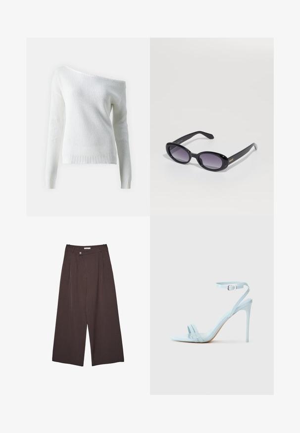 Off-shoulder hvid sweater lavet af ribbet strikket stof, med langeærmer, en tætsiddende kant og et struktureret mønster over hele stoffet.; Brune bukser med brede ben og fine striber, med en knappet talje og bæltestropper, præsenteret fladt på en hvid baggrund.; Lys blå stiletto-sandal med to forreste remme og ankelsnor, lavet af glat patentmateriale, med en slank hæl og minimalistisk design.; Sorte ovale solbriller med gradient lilla linser. Blank plastikramme og -arme. Guld logo på venstre arm.; Sort læder hobo taske med en blød, buet form. Har en bred toprem og rynker i bunden for en afslappet struktur.