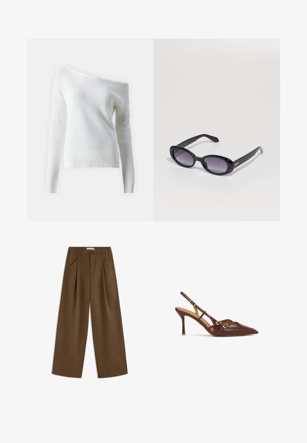 Off-shoulder vit tröja gjord av ribbat stickat tyg, med långa ärmar, en figurrättad nederkant och en strukturerad mönstring genom hela plagget.; Bruna vida byxor med hög midja, med två framfickor, sidofickor och en knappstängning. Slät textur.; Bruna läderslingbacksandaler med spetsig tå, tunna stilettklackar och guldfärgade detaljer. Har kors och tvärs remmar över foten.; Svarta ovala solglasögon med gradient lila linser. Glansig plastbygel och bågar. Guldlogotyp på vänster båge.; Svart läderhobo-väska med en mjuk, böjd form. Har ett brett handtag på toppen och samlingar vid botten för en slapp textur.