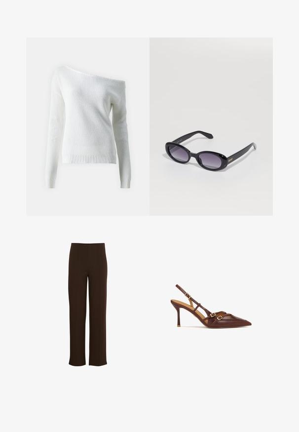 Off-shoulder hvid sweater lavet af ribbet strikket stof, med langeærmer, en tætsiddende kant og et struktureret mønster over hele stoffet.; Brune, vide benbukser lavet af et blødt, strækbart materiale. Har vertikale sømme og en ren talje, der giver et skræddersyet udseende.; Brune læderslyngehæle med spidse tæer, tynde stiletto hæle og guld hardware detaljer. Har krydsseler henover foden.; Sorte ovale solbriller med gradient lilla linser. Blank plastikramme og -arme. Guld logo på venstre arm.; Sort læder hobo taske med en blød, buet form. Har en bred toprem og rynker i bunden for en afslappet struktur.