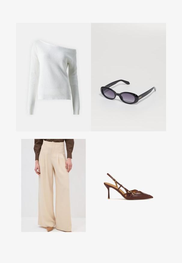 Valkoinen olkapään paljastava neulepaita, joka on valmistettu ribbineuloksesta, ja jossa on pitkät hihat, tiukka helma ja teksturoitu kuvio koko vaatteessa.; Beige leveleivät housut korkealla vyötäröllä, etupuolella laskoksia ja sileä pinta, yhdistettynä vaaleisiin korkokenkiin.; Ruske kožne sandale s otvorenom petom, s izduženim vrhom, tankim štiklama i zlatnim detaljima. Imaju preklapajuće trake preko stopala.; Mustat ovaalit aurinkolasit, joissa on liukuväriset purppurat linssit. Kiiltävä muovikehys ja -sangat. Kultainen logo vasemmassa sangassa.; Mustalla nahka hobo-laukku, jossa on pehmeä, kaareva muoto. Varustettu leveällä yläkahvalla ja poimuilla pohjassa, mikä antaa rennon tekstuurin.