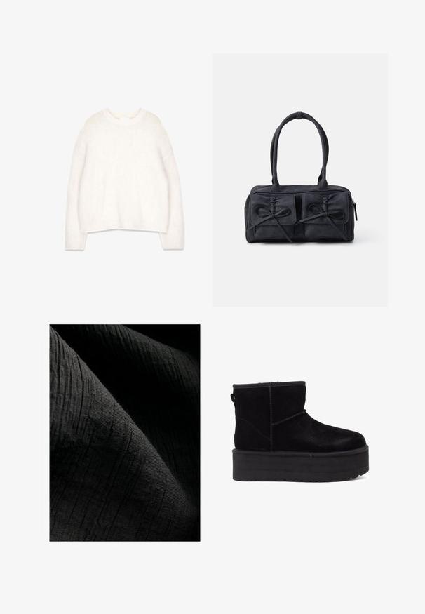 Balts, pūkains džemperis ar apaļu kakla izgriezumu, garām piedurknēm un brīvu piegriezumu. Izgatavots no mīkstas, teksturētas auduma, ar ribotām piedurknēm un apakšmalu.; Ragveida melna auduma ar maigu ribotu rakstu, nedaudz atstarojošs, kas krīt krokās, uzsverot tā dziļumu un taustāmo kvalitāti.; Melni zamšas potītes zābaki ar biezu platformas zoli un mīkstu oderi. Pabeigti ar šuvju akcentiem un aizmugurējo cilpu vieglai uzvilkšanai.; Melnas auduma rokassomas ar divām priekšējām kabatām, kas rotātas ar lentītēm, divām rokturiem un ar rāvējslēdzēju aizdari. Mīksta tekstūra un taisnstūrveida forma.