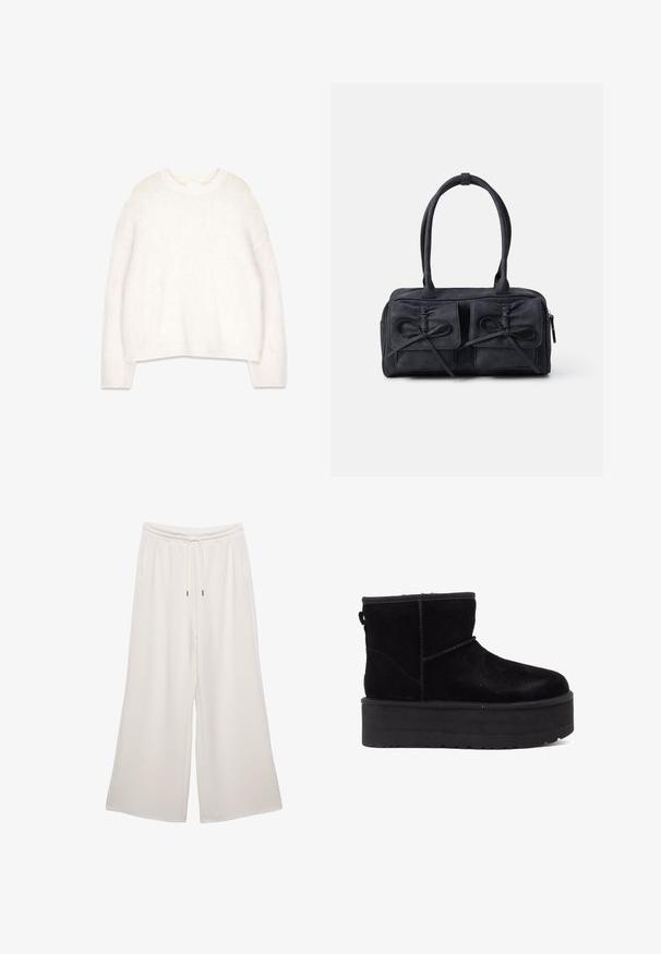 Biely, nadýchaný sveter s okrúhlym výstrihom, dlhými rukávmi a uvoľneným strihom. Vyrobený z mäkkej, textúrovanej látky, s rebrovanými manžetami a lemom.; Krémové široké nohavice vyrobené z jemného materiálu, s elastickým pásom, šnúrkou a bočnými vreckami. Hladká textúra.; Čierne semišové členkové topánky s hrubou platformou a mäkkou podšívkou. Doplnené o prešívacie detaily a zadný úchyt pre jednoduché obúvanie.; Čierna textilná kabelka s dvoma prednými vreckami, ktoré majú detaily s mašľou, dvojitými uchami a zipsom. Mäkká textúra a obdĺžnikový tvar.